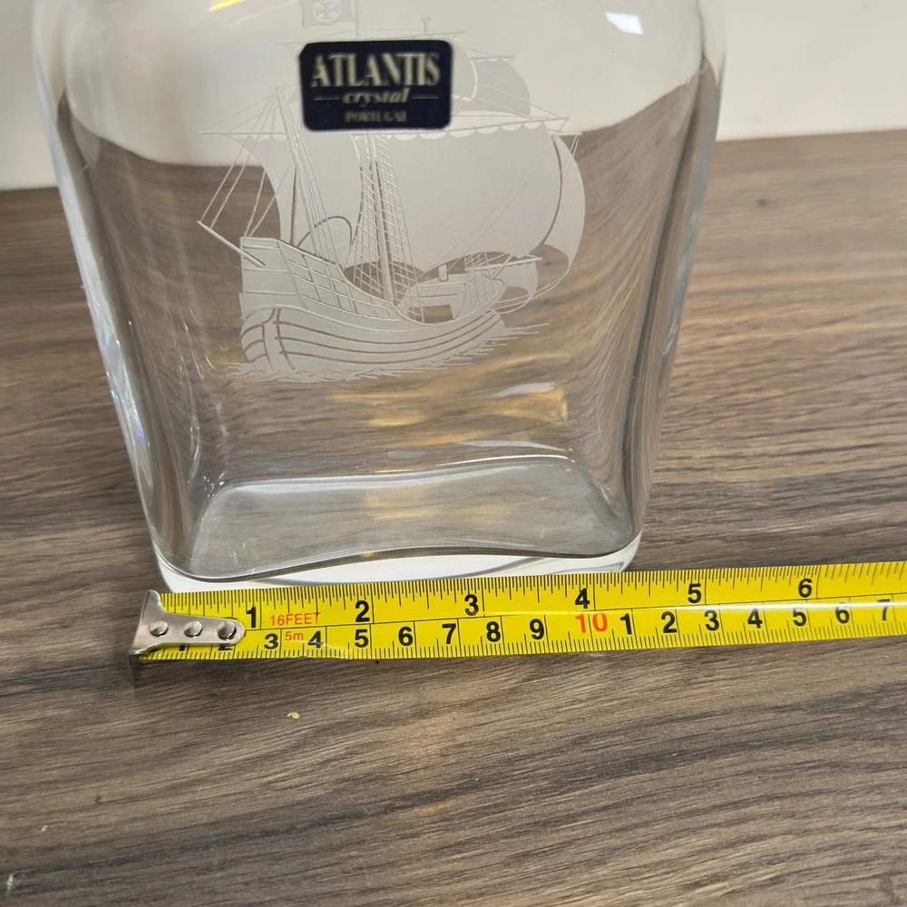 Atlantis Full Lead Crystal Decanter Portugal Etched Sailing Ship Nautical 9.5